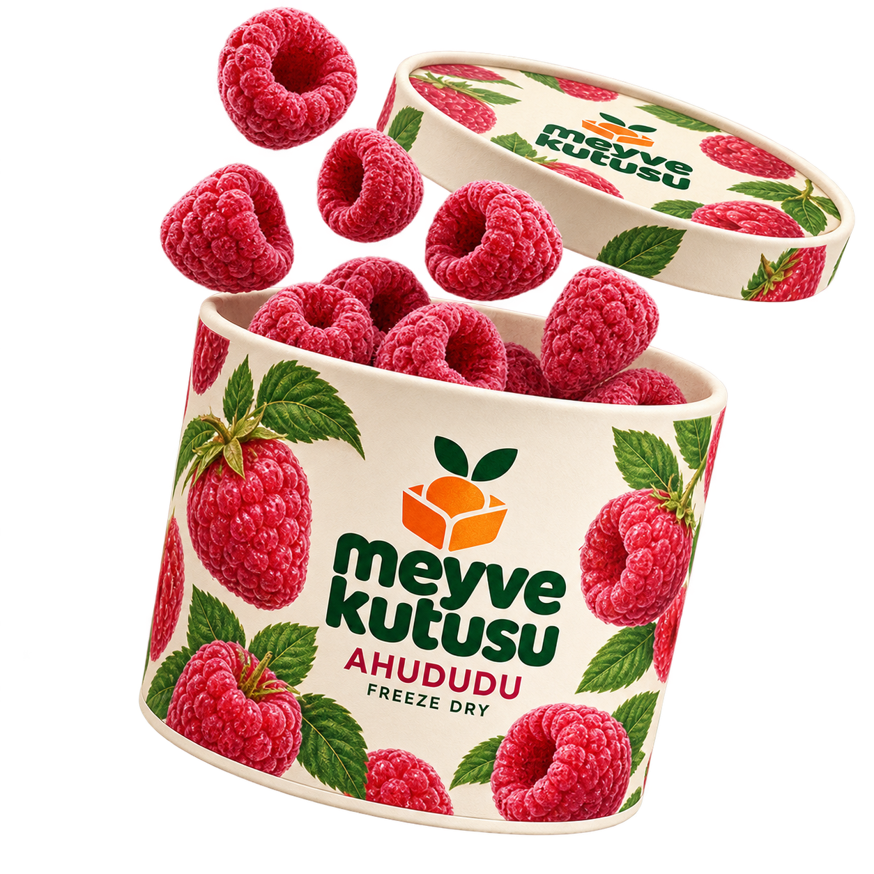 Ahududu: açık kutu ve freeze-dry meyve parçaları