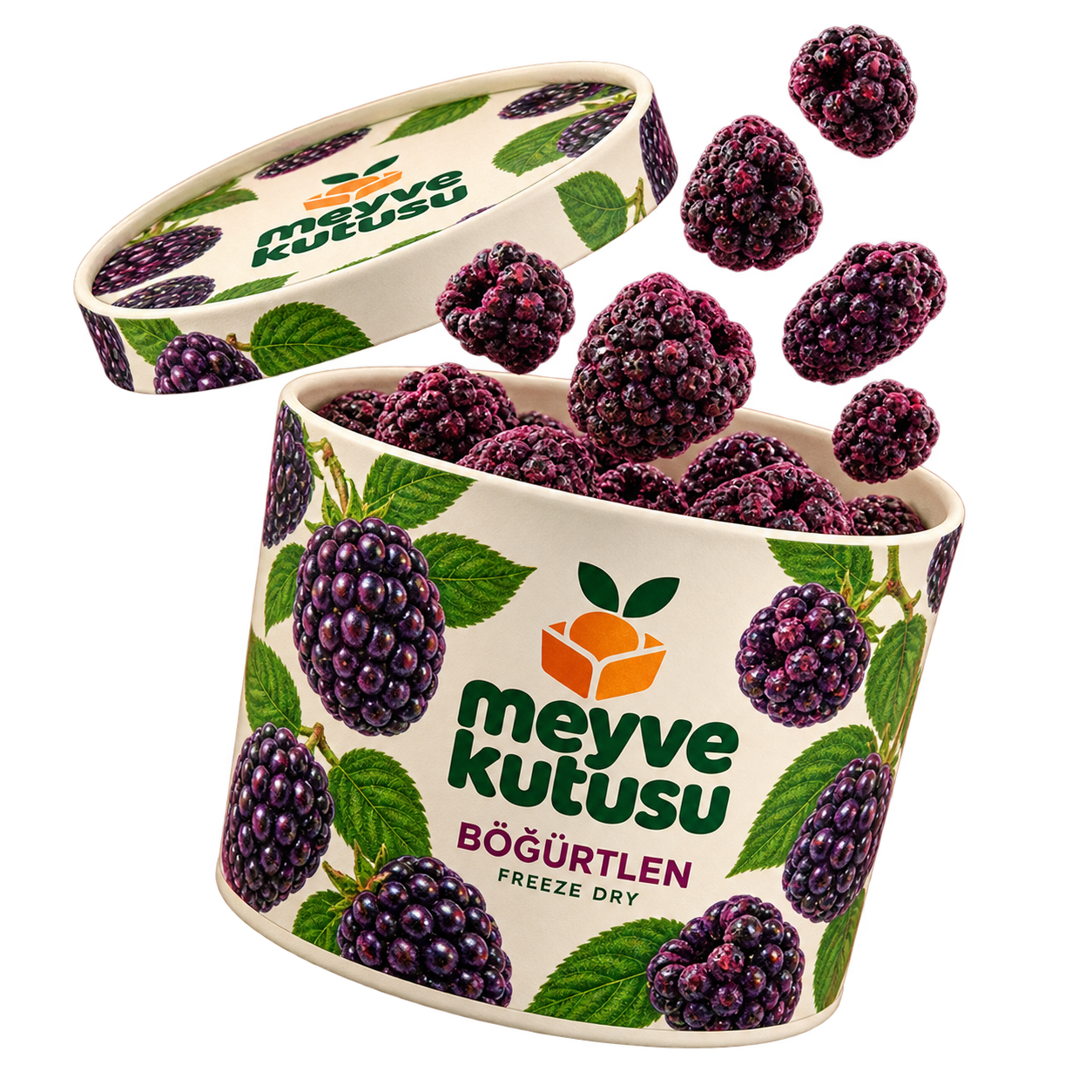 Böğürtlen: açık kutu ve freeze-dry meyve parçaları