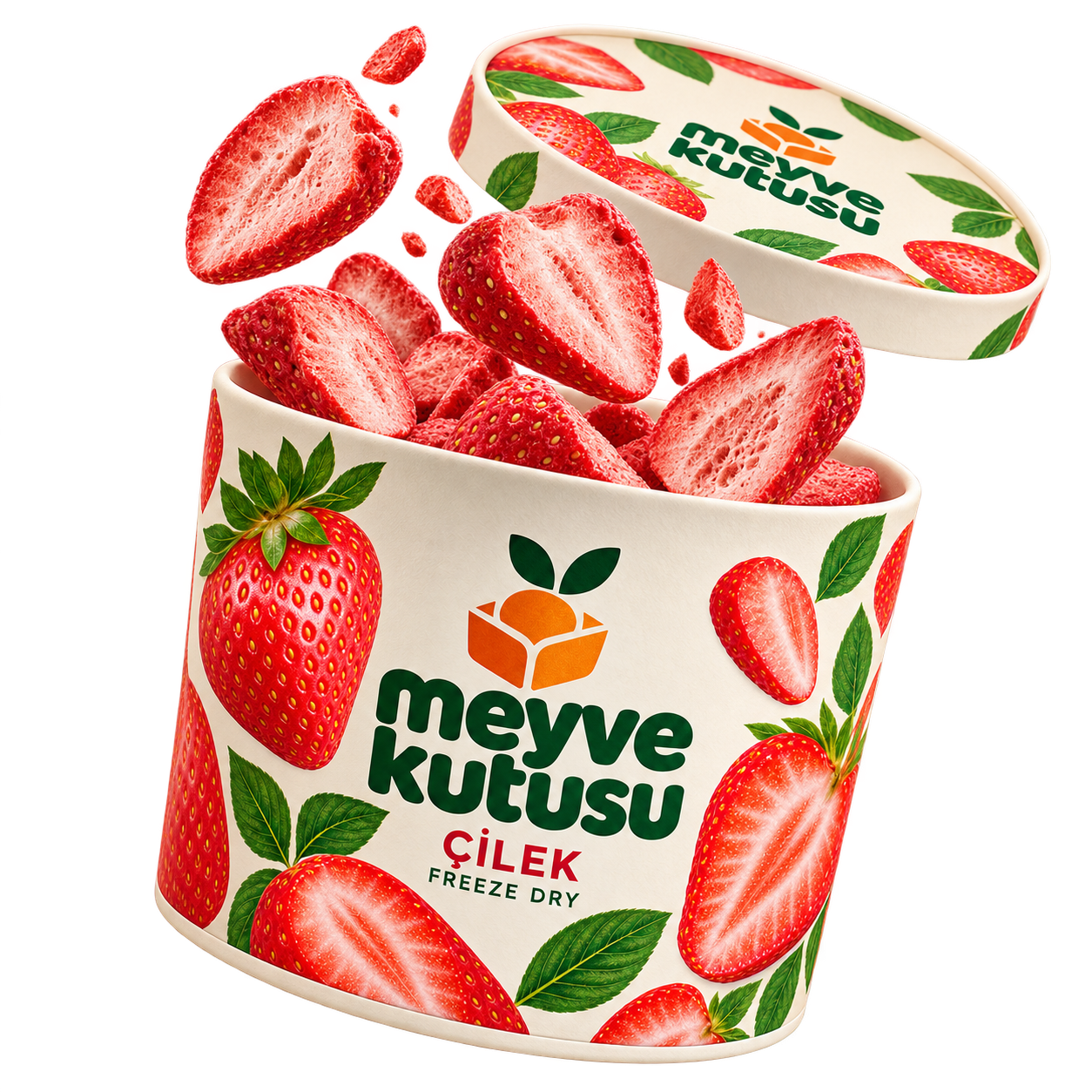 Çilek: açık kutu ve freeze-dry meyve parçaları