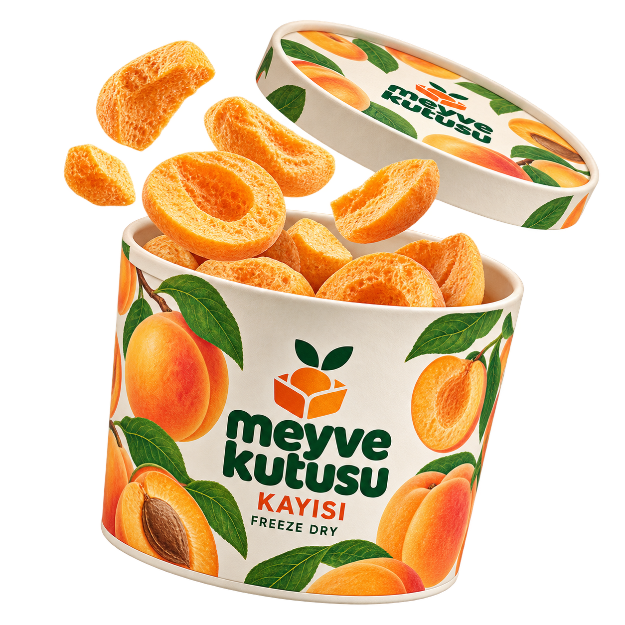 Kayısı: açık kutu ve freeze-dry meyve parçaları
