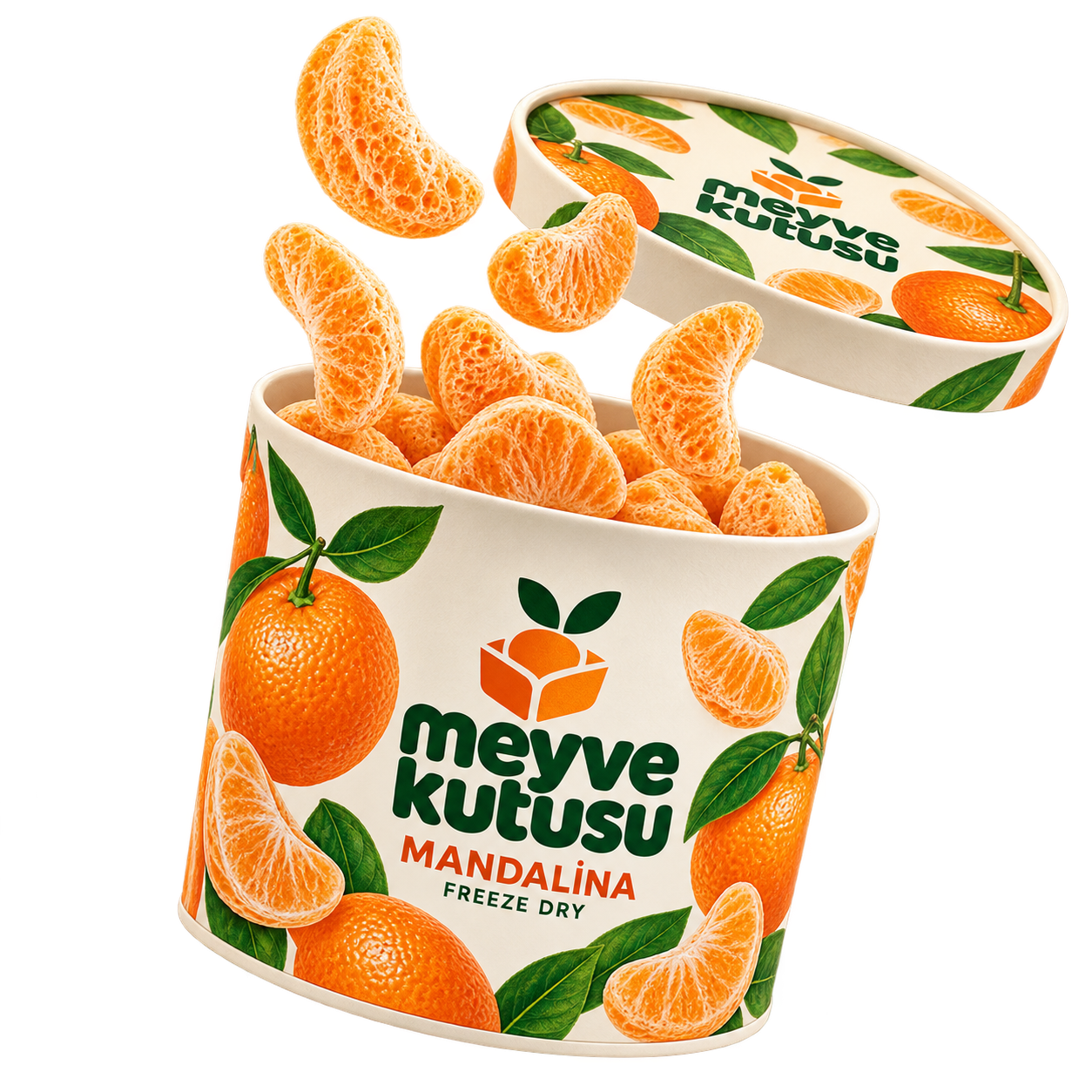 Mandalina: açık kutu ve freeze-dry meyve parçaları