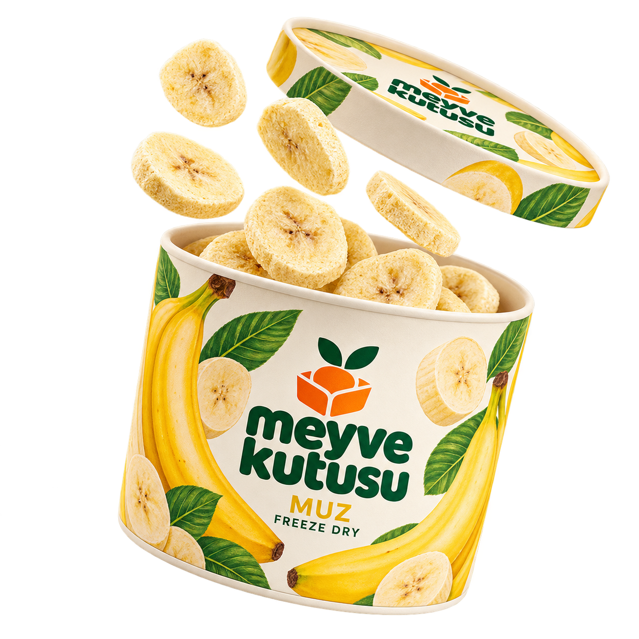 Muz: açık kutu ve freeze-dry meyve parçaları
