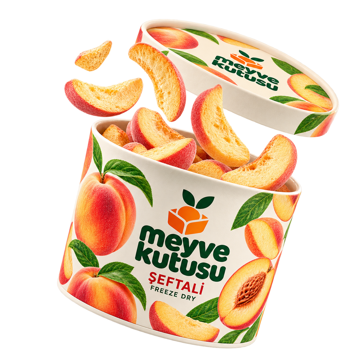 Şeftali: açık kutu ve freeze-dry meyve parçaları